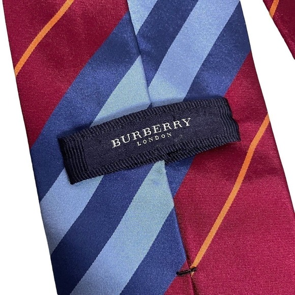 Burberry of London Men's Designer Diagonal Blue Red Orange Silk Necktie Repp - Picture 6 of 7